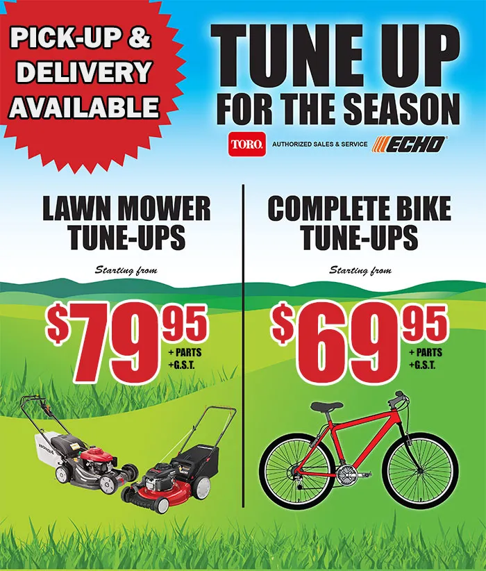 Our seasonal Spring Bicycle & Lawn Mower Tune-Up Service promotion.