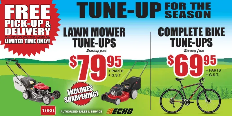 Ad with green grass with lawn mowers and bicycles offering Summer bike tune-ups and lawn mower blade sharpening