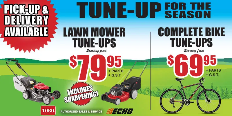 Ad with green grass with lawn mowers and bicycles offering Summer bike tune-ups and lawn mower blade sharpening